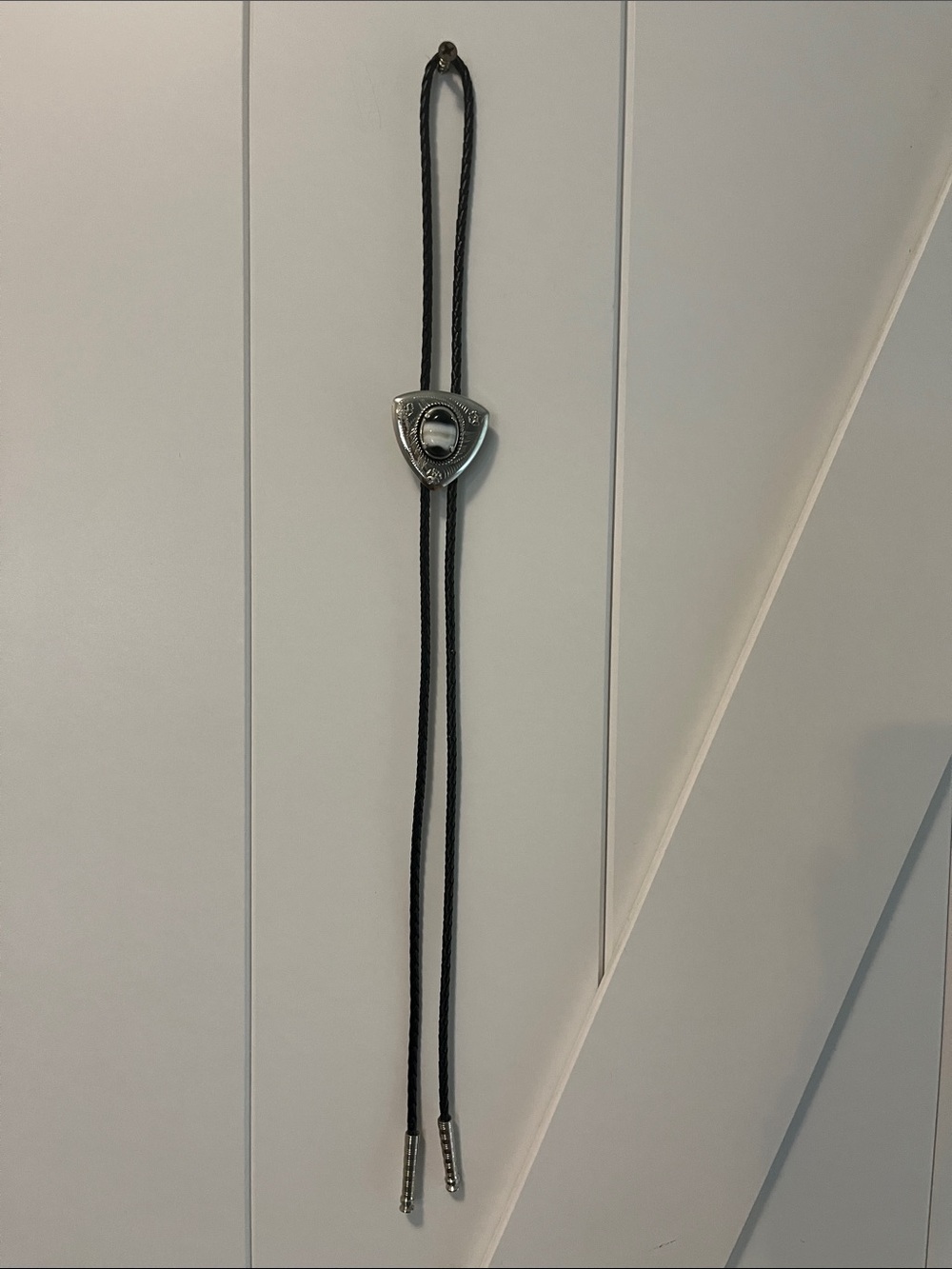 Black Braided Leather Bolo Tie with Silver Tone Stone Slide - Picture 2 of 5